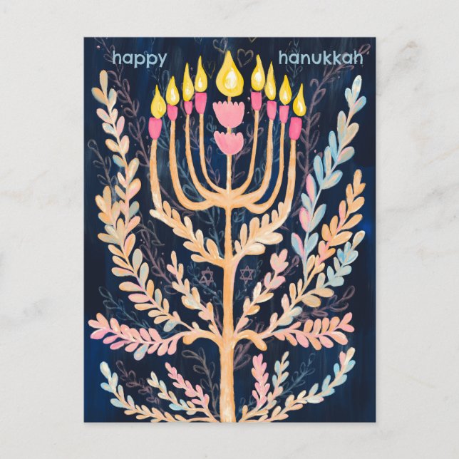 Happy Hanukkah Botanical Menorah Holiday  Postcard (Front)