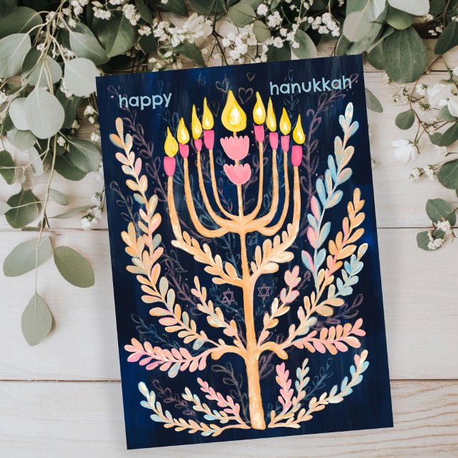 Happy Hanukkah Botanical Menorah Watercolor Holiday Card (Happy Hanukkah Botanical Menorah Watercolor Holiday Flat Card
)