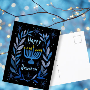 Happy Hanukkah Botanical Menorah Watercolor Holiday Postcard