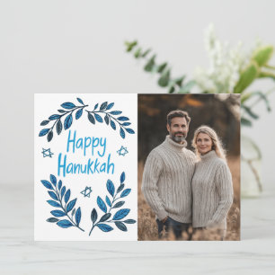 Happy Hanukkah Botanical Watercolor CUSTOM PHOTO Card
