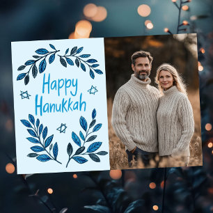 Happy Hanukkah Botanical Watercolor CUSTOM PHOTO Card