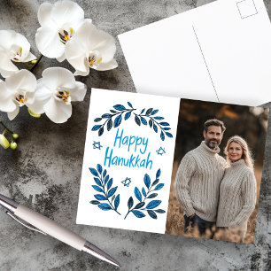 Happy Hanukkah Botanical Watercolor CUSTOM PHOTO Postcard