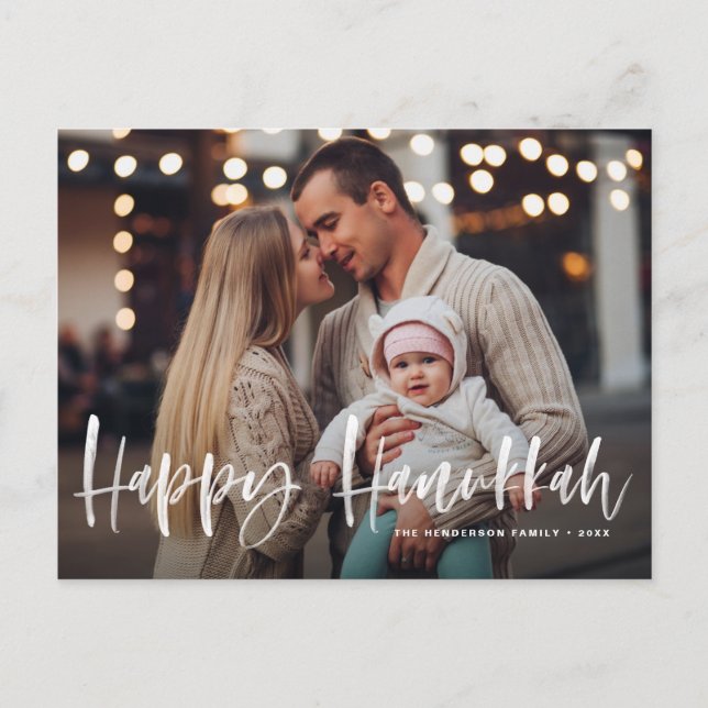 Happy Hanukkah Brush Lettering Overlay Photo Holiday Postcard (Front)