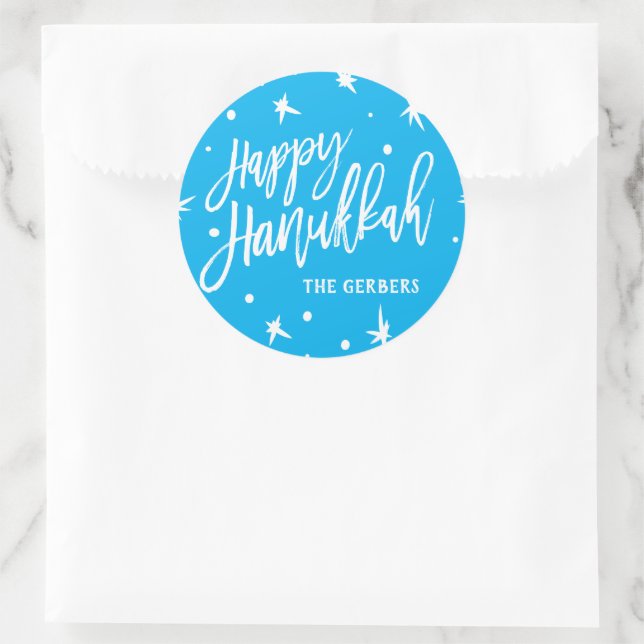 Happy Hanukkah Brush Script Custom Name Classic Round Sticker (Bag)