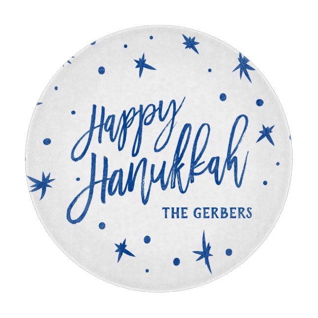 Happy Hanukkah Brush Script Custom Name Cutting Board (Front)