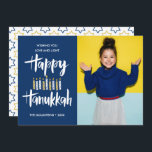 Happy Hanukkah Candles Blue Holidays photo Invitation<br><div class="desc">Festive Hanukkah Holiday  photo greeting card featuring your best portrait photo and "happy hanukkah" in hand lettered style brush typography and candles in shades of blues and yellows.
Personalise the custom text with your name and year.
Cards reverse to a pattern of stars of a coordinated blue background.</div>
