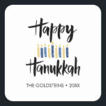 Happy Hanukkah Candles blue yellow custom holiday Square Sticker<br><div class="desc">Seal you Hanukkah mailing or your gift for the holidays with this funny stickers featuring "Happy Hanukkah" in modern brushed typography and a decor of candles in yellow and blue.
Add your name or message using the template</div>