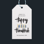 Happy Hanukkah Candles custom  holidays Gift Tags<br><div class="desc">Cute and fun Happy Hanukkah in hand lettered style brush typography and candles in shades of blues and yellows. Gift Tags are perfect for this holiday season gift giving needs. These tags are perfect for bottles of wine, cookies, or any other homemade holiday treats. Cards reverse to a pattern of...</div>