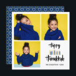 Happy Hanukkah Candles | Holidays 3 photos Invitation<br><div class="desc">Festive Hanukkah Holiday photo greeting card featuring three of your personal photo and "happy hanukkah" in hand lettered style brush typography and candles in shades of blues and yellows. Personalise the custom text with your name and year. Cards reverse to a pattern of white and yellow stars on a coordinated...</div>