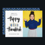 Happy Hanukkah Candles | Holidays vertical photo Invitation<br><div class="desc">Festive Hanukkah Holiday  photo greeting card featuring your best portrait photo and "happy hanukkah" in hand lettered style brush typography and candles in shades of blues and yellows.
Personalise the custom text with your name and year.
Cards reverse to a pattern of stars of a coordinated blue background.</div>