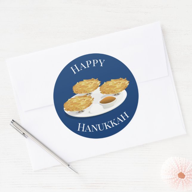 Happy Hanukkah Cartoon Latkes Apple Sauce Classic Round Sticker (Envelope)