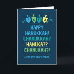 Happy Hanukkah Chanukah Dreidel Greeting Card<br><div class="desc">Share the joy of the holiday season with your friends and family with this humorous Happy Hanukkah Chanukah Dreidel Greeting Card. This design features colorful dreidels on a navy background surrounded by confetti. Pair with other items from the Hanukkah Dreidel Party collection for a cohesive,  festive celebration.</div>