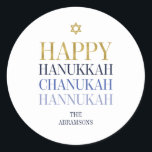 Happy Hanukkah Chanukah Holiday Round Sticker<br><div class="desc">Faux simulated gold foil design is incorporated in this design. Personalise the custom text above. You can find additional coordinating items in our "Happy Hanukkah Chanukah" collection.</div>