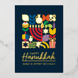 Happy Hanukkah / Chanukah Jewish Greeting Foil  Foil Holiday Card<br><div class="desc">Happy Hanukkah / Chanukah Modern Geometric Holiday Greetings in Real Gold Foil on Dark Navy. Menorah, Dreidel, Doughnuts, Stars & Olive oil... They are all here. Jewish Hanukkah Symbols Space to add your personalised text on the front & reverse. Hebrew on the reverse says, "Chanukah Sameach" — Happy Hanukkah. This...</div>