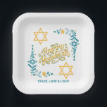 HAPPY HANUKKAH Chanukah Paper Plate<br><div class="desc">Stylish HAPPY HANUKKAH Chanukah Paper Party Napkins, with CUSTOMIZABLE TEXT, especially designed with the Star of David, corner embroidery and descriptive typography. The Scripture verse at the bottom is CUSTOMIZABLE so you can add your personalised message, eg. your name, family name or organisation's name. These Hanukkah Napkins would be a...</div>