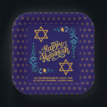 HAPPY HANUKKAH Chanukah Paper Plate<br><div class="desc">Stylish HAPPY HANUKKAH Chanukah Paper Plates, with CUSTOMIZABLE TEXT, especially designed with the Star of David, corner embroidery and descriptive typography. The Scripture verse at the bottom is CUSTOMIZABLE so you can add your personalised message, eg. your name, family name or organisation's name. These Hanukkah Plates would be a stylish...</div>