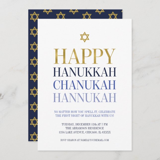 Happy Hanukkah Chanukah Party Invitation Card (Front/Back)