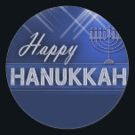 Happy Hanukkah Classic Round Sticker<br><div class="desc">Blue and white stars with menorah and stars with Happy Hanukkah in silver lettering.  Perfect Haukkah design for your decorations and festivities.</div>
