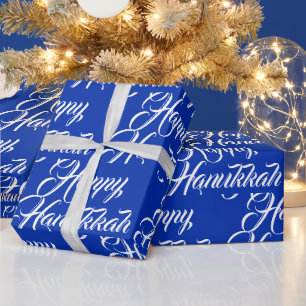 Happy Hanukkah cobalt blue white modern script Wrapping Paper