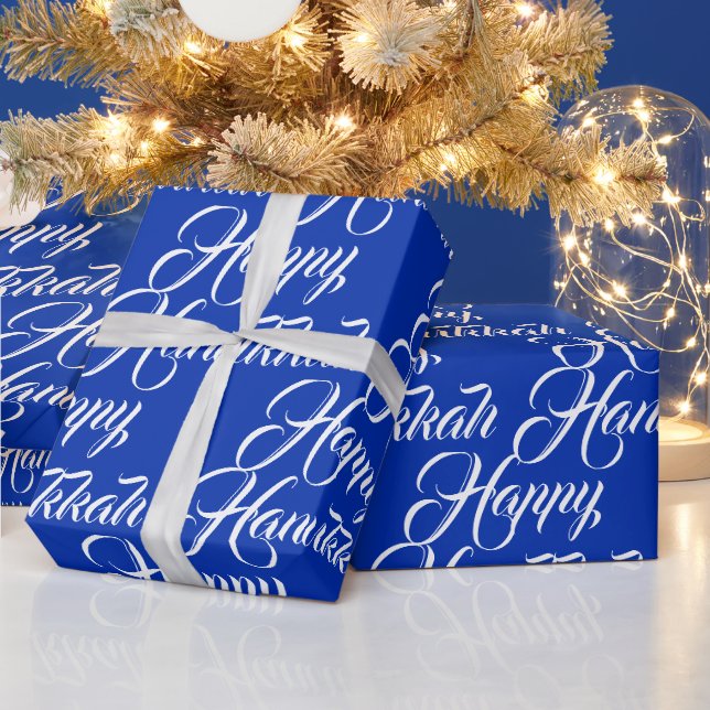 Happy Hanukkah cobalt blue white modern script  Wrapping Paper (Holidays)