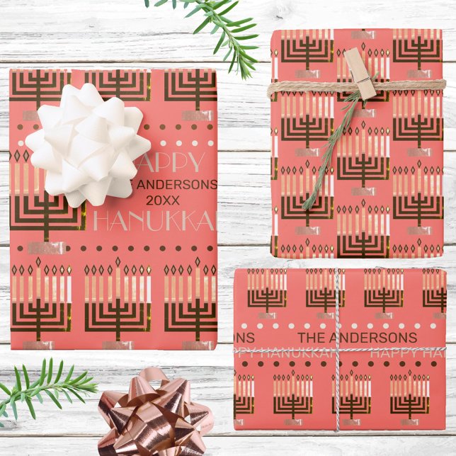 Happy Hanukkah Colourful Menorah Coral Pattern Wrapping Paper Sheet (Creator Uploaded)