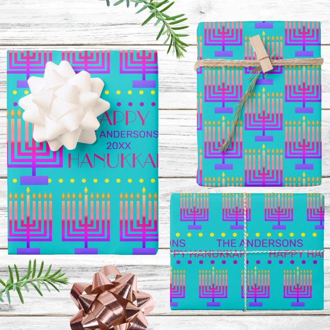Happy Hanukkah Colourful Menorah Turquoise Pattern Wrapping Paper Sheet (Creator Uploaded)