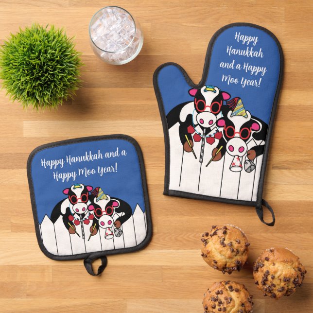 Happy Hanukkah Cows Oven Mitt & Pot Holder Set (Top Down)