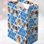 Happy Hanukkah Custom Name Photos Star Blue Medium Gift Bag<br><div class="desc">Personalised gift bags are a great way to add a personal touch to your gift-giving! This stylish design features a geometric star pattern, showcasing two of your favourite photos along with the name of the recipient. The 'Happy Hanukkah' greeting can also be changed or tailored to suit different occasions. This...</div>