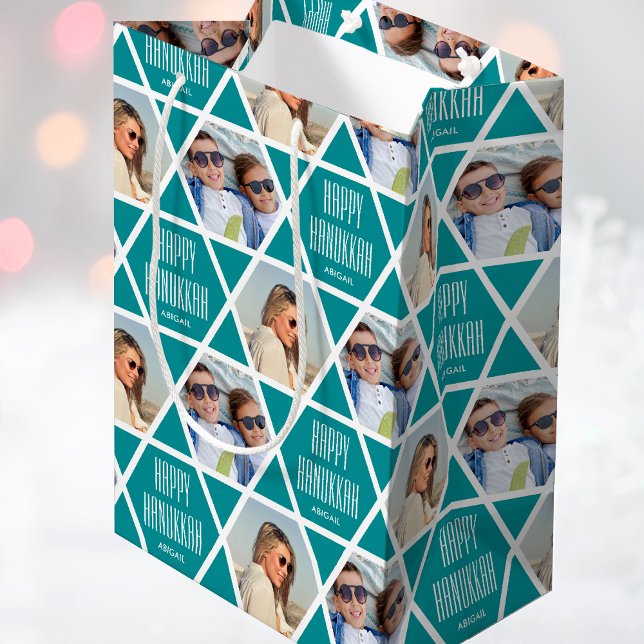 Happy Hanukkah Custom Name Photos Star Green Medium Gift Bag (Creator Uploaded)