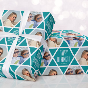 Happy Hanukkah Custom Name Photos Star Green Wrapping Paper