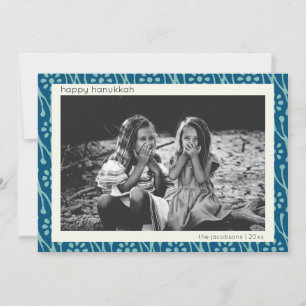 Happy Hanukkah Custom Photo Blue Floral Boho Holiday Card