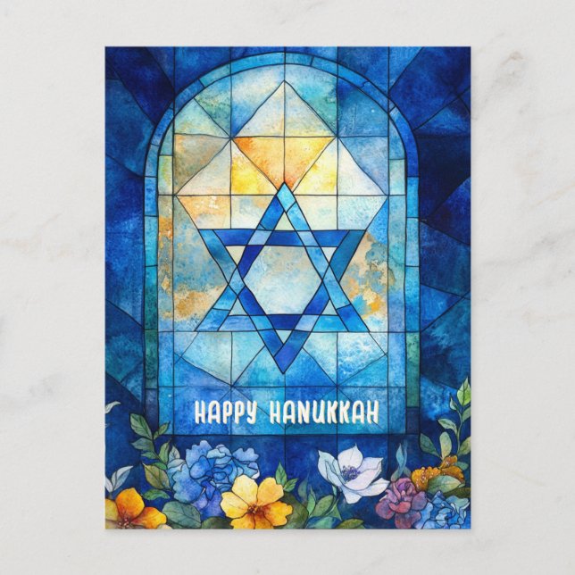 🕎 Happy Hanukkah, customisable stained glass wind Postcard (Front)