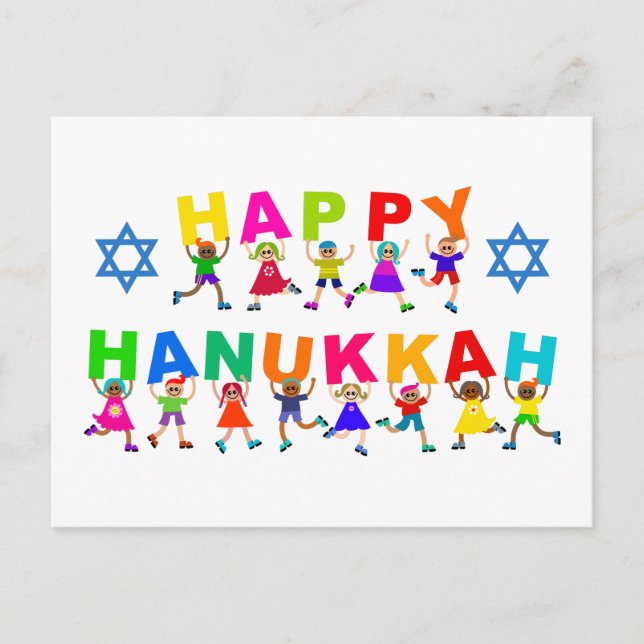 Happy Hanukkah Cute Cartoon Diverse Kids Text Postcard (Front)