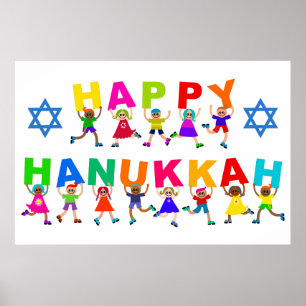 Happy Hanukkah Cute Cartoon Diverse Kids Text Poster