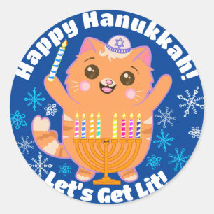 Happy Hanukkah Cute Cat Menorah Stickers 
