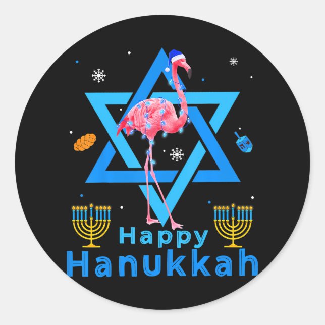 Happy Hanukkah Cute Flamingo Menorah Jewish Proud Classic Round Sticker (Front)