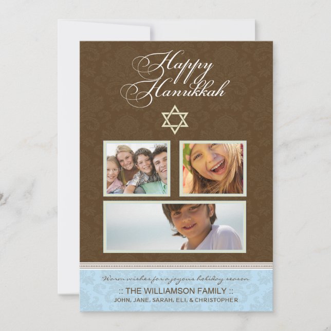 Happy Hanukkah Damask Holiday Card (brown/blue) (Front)
