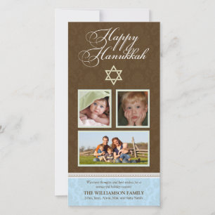 Happy Hanukkah Damask Holiday PhotoCard (blue) Card