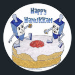 Happy Hanukkah Dancing Dreidels Jelly Doughnut Classic Round Sticker<br><div class="desc">You are viewing The Lee Hiller Design Collection. Apparel,  Gifts & Collectibles Lee Hiller Photography or Digital Art Collection. You can view her Nature photography at http://HikeOurPlanet.com/ and follow her hiking blog within Hot Springs National Park.</div>