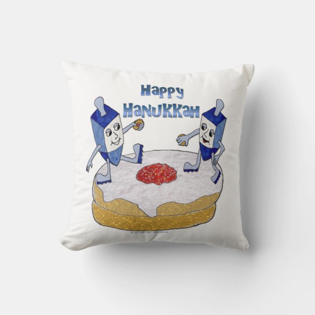 Happy Hanukkah Dancing Dreidels Jelly Doughnut Cushion (Front)