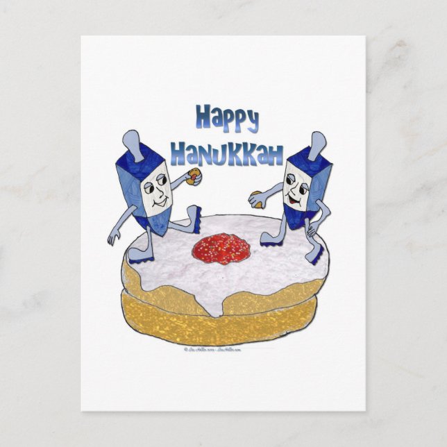 Happy Hanukkah Dancing Dreidels Jelly Doughnut Holiday Postcard (Front)