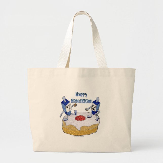 Happy Hanukkah Dancing Dreidels Jelly Doughnut Large Tote Bag (Front)