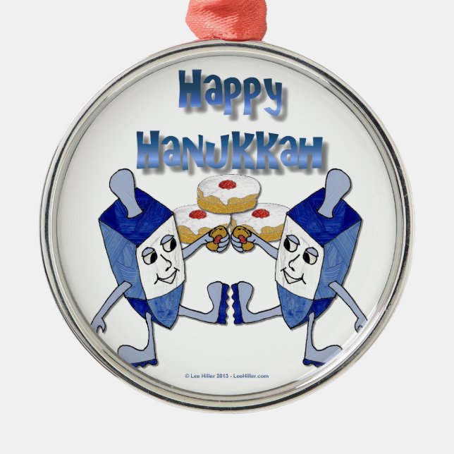 Happy Hanukkah Dancing Dreidels Jelly Doughnut Metal Tree Decoration (Front)
