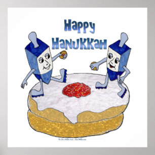 Happy Hanukkah Dancing Dreidels Jelly Doughnut Poster