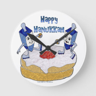 Happy Hanukkah Dancing Dreidels Jelly Doughnut Round Clock