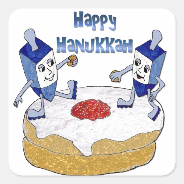 Happy Hanukkah Dancing Dreidels Jelly Doughnut Square Sticker (Front)