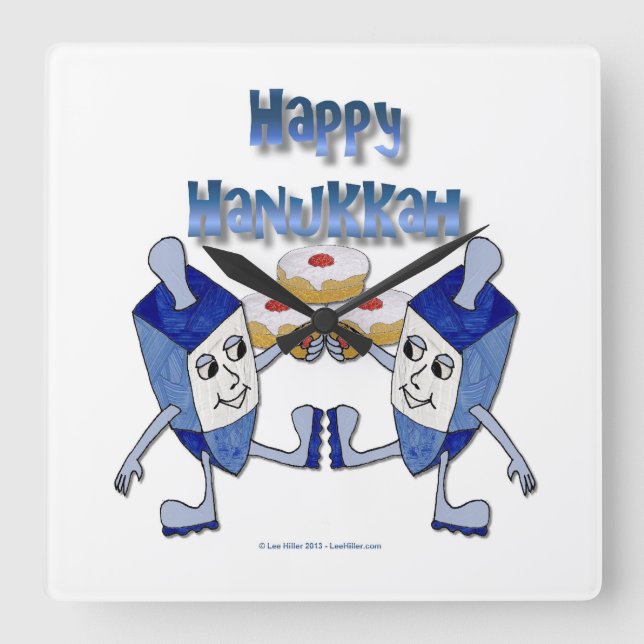 Happy Hanukkah Dancing Dreidels Jelly Doughnut Square Wall Clock (Front)