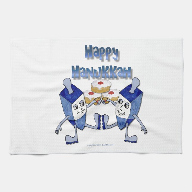 Happy Hanukkah Dancing Dreidels Jelly Doughnut Tea Towel (Horizontal)