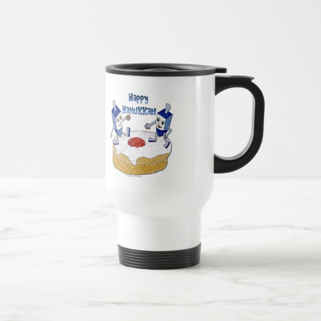 Happy Hanukkah Dancing Dreidels Jelly Doughnut Travel Mug (Right)