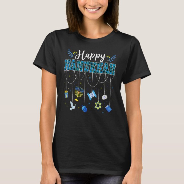 Happy Hanukkah Decorations Dreidel Menorah Chanuka T-Shirt (Front)